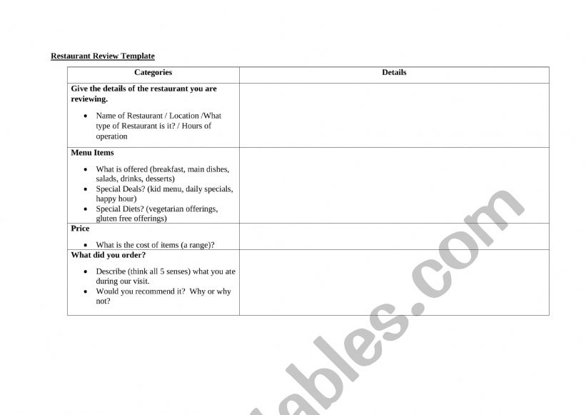 Restaurant Review Template worksheet