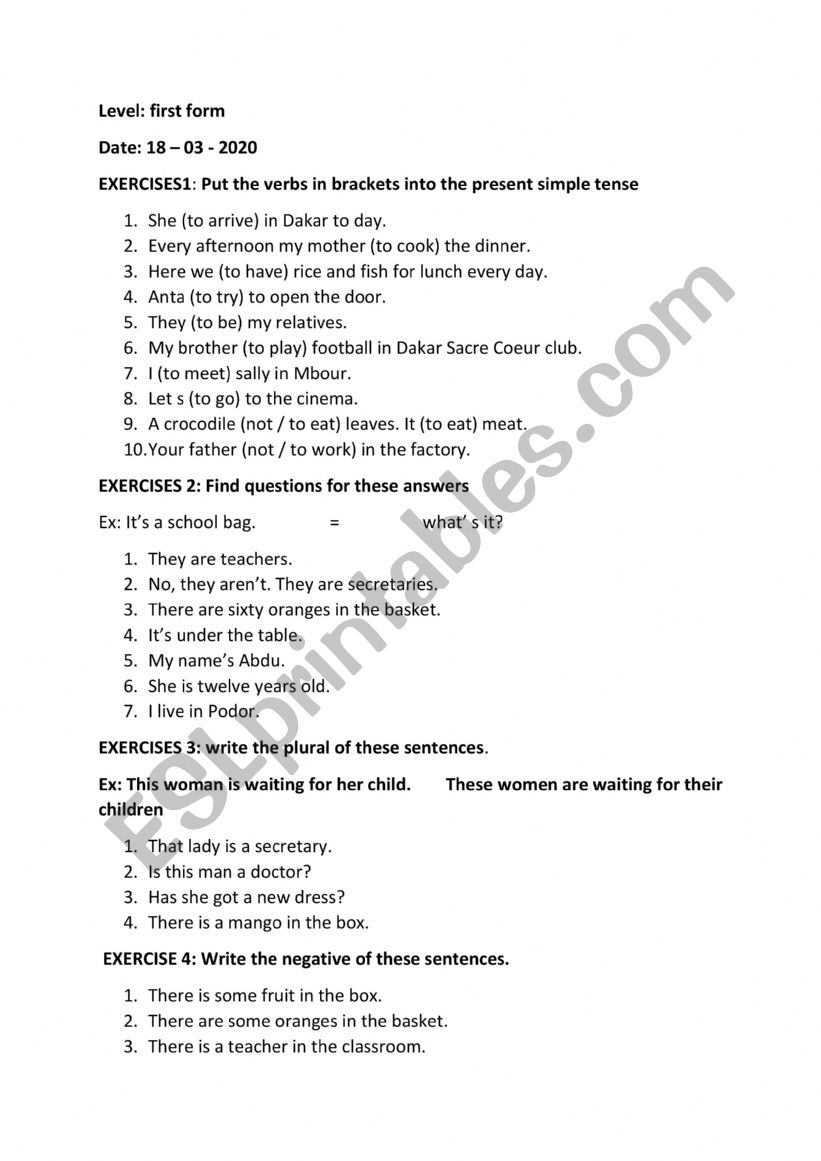 exercices worksheet