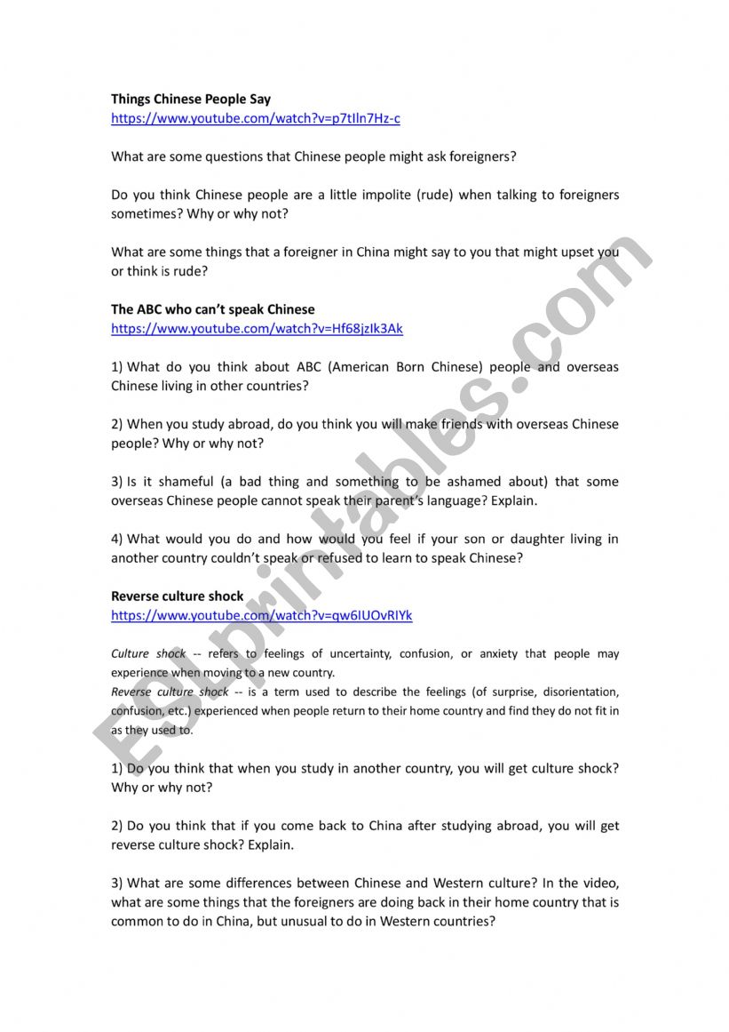 Cultural differences  worksheet
