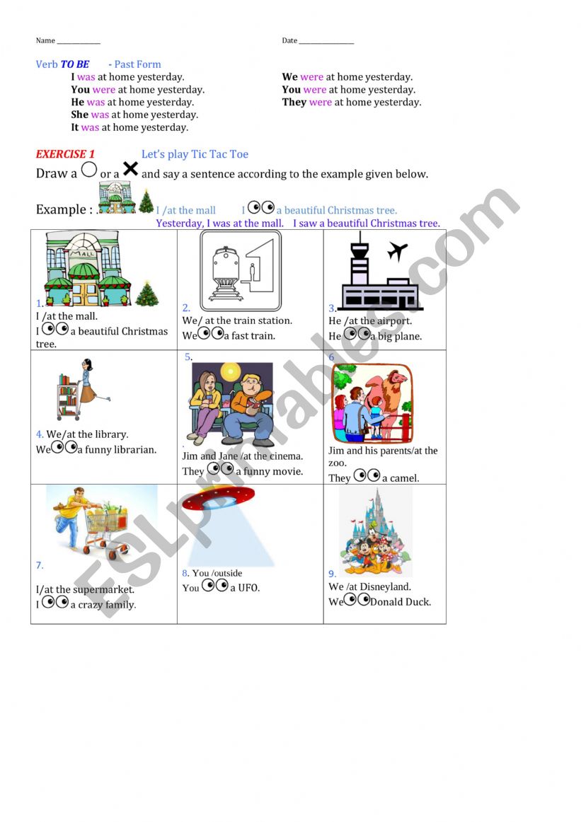 WAS/WERE      TIC TAC TOE worksheet