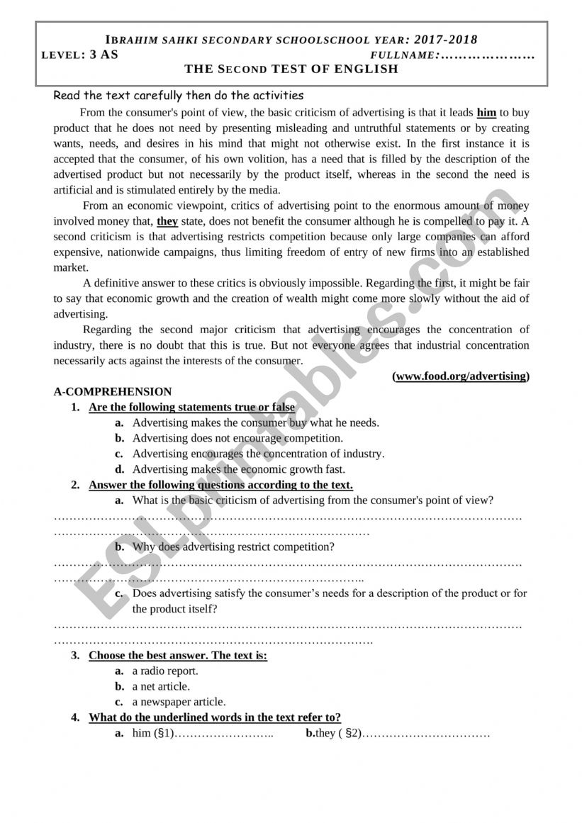 advertising worksheet