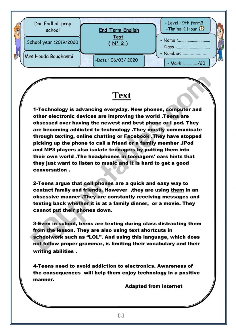 9th form end of term test 2 worksheet