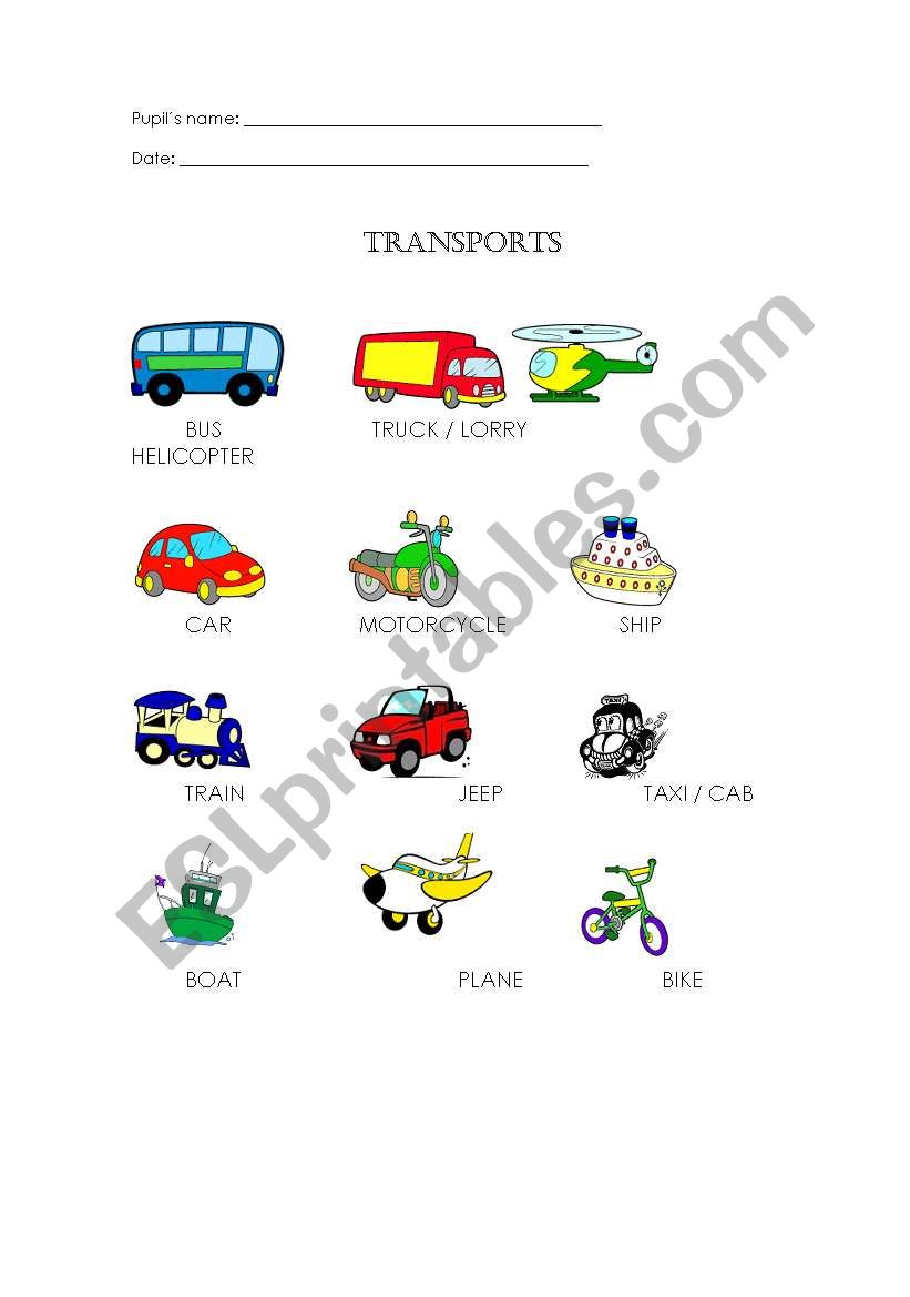 vocabulary -transports worksheet