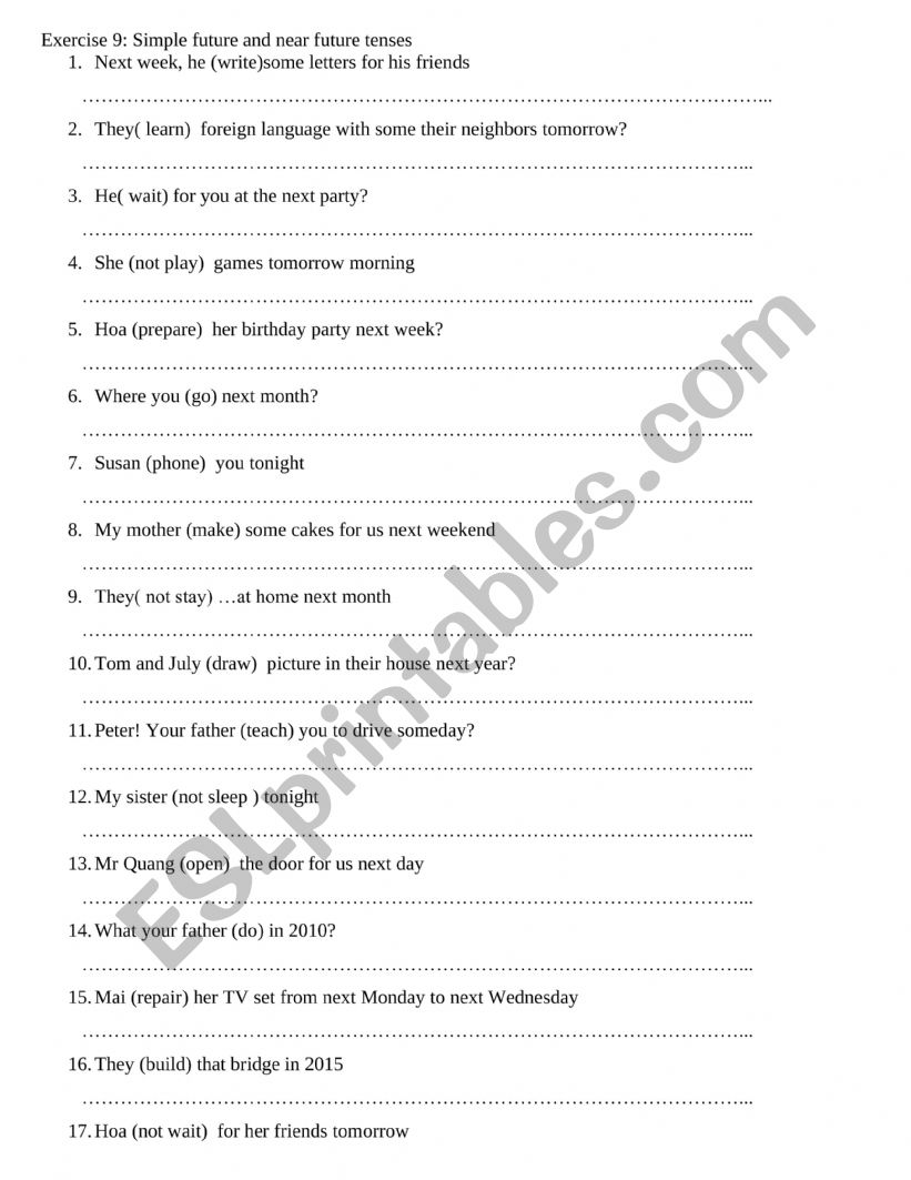Future tense worksheet