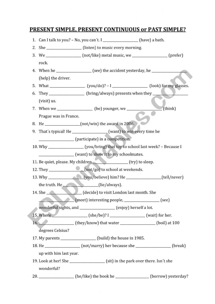 revision present and past simple and continuous - ESL worksheet by Mina75