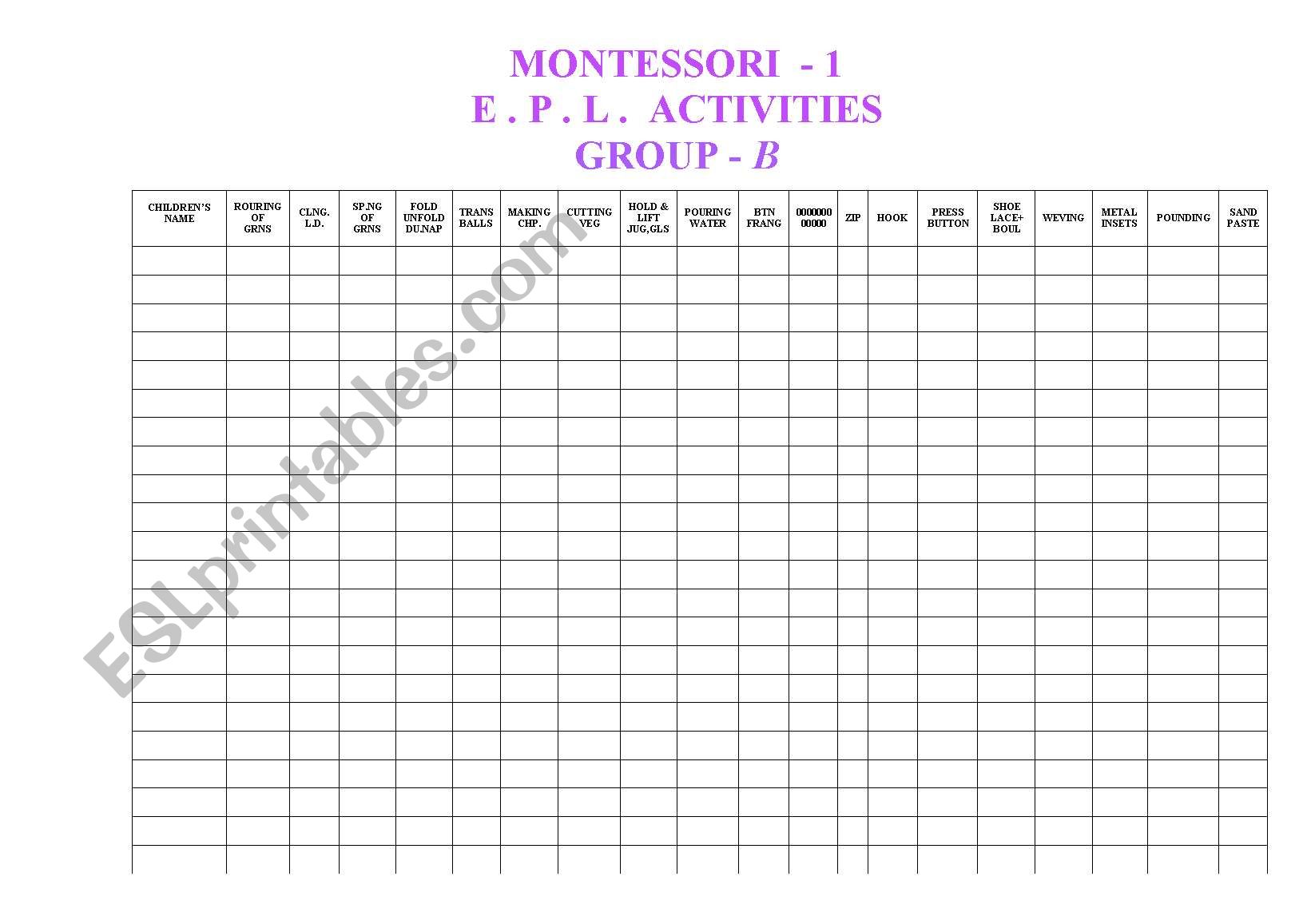 Montessori Progress Sheet worksheet