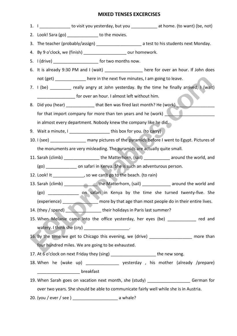 Mixed tenses exercises worksheet