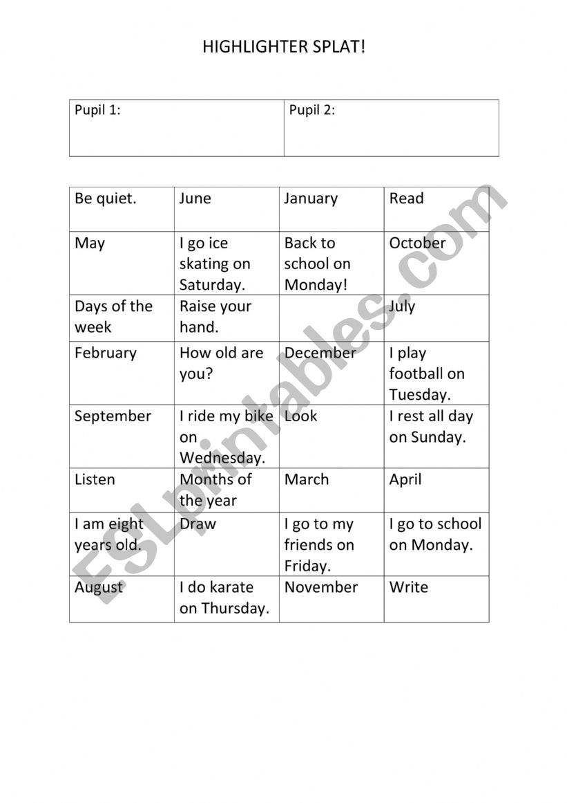 Highlighter splat- Days of the week and daily routine