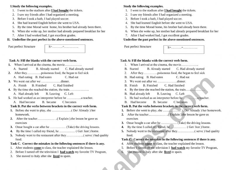 past perfect worksheet