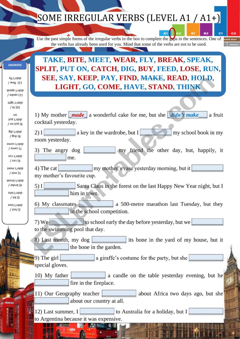 SOME IRREGULAR VERBS FOR A1 / A1+ LEVEL LEARNERS