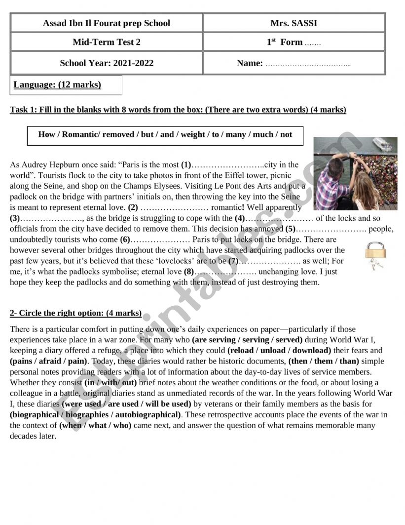 mid term test 2 1st form  worksheet