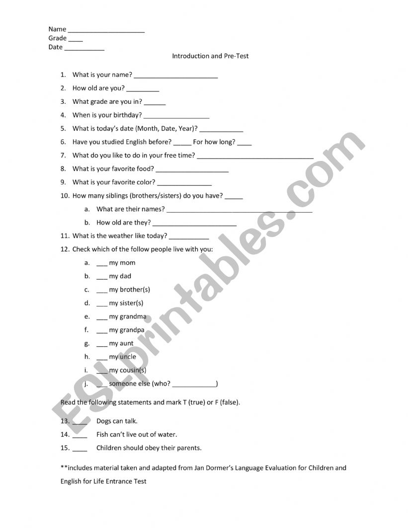 Pre-test worksheet