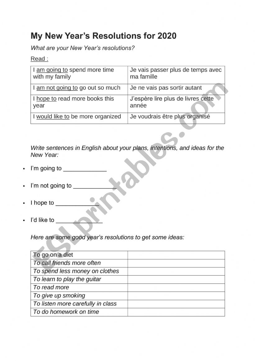 New Year Resolutions worksheet