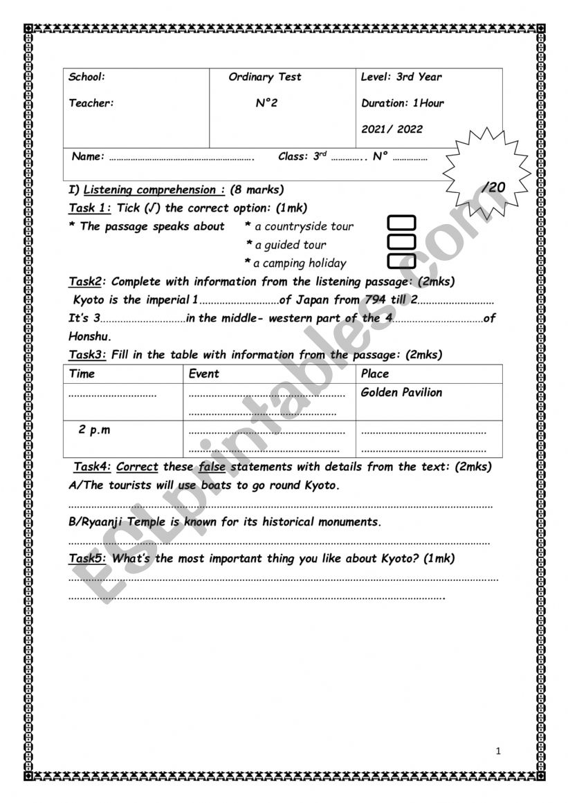 Mid Term 2 Test 3rd  Year Tunisians curriculum