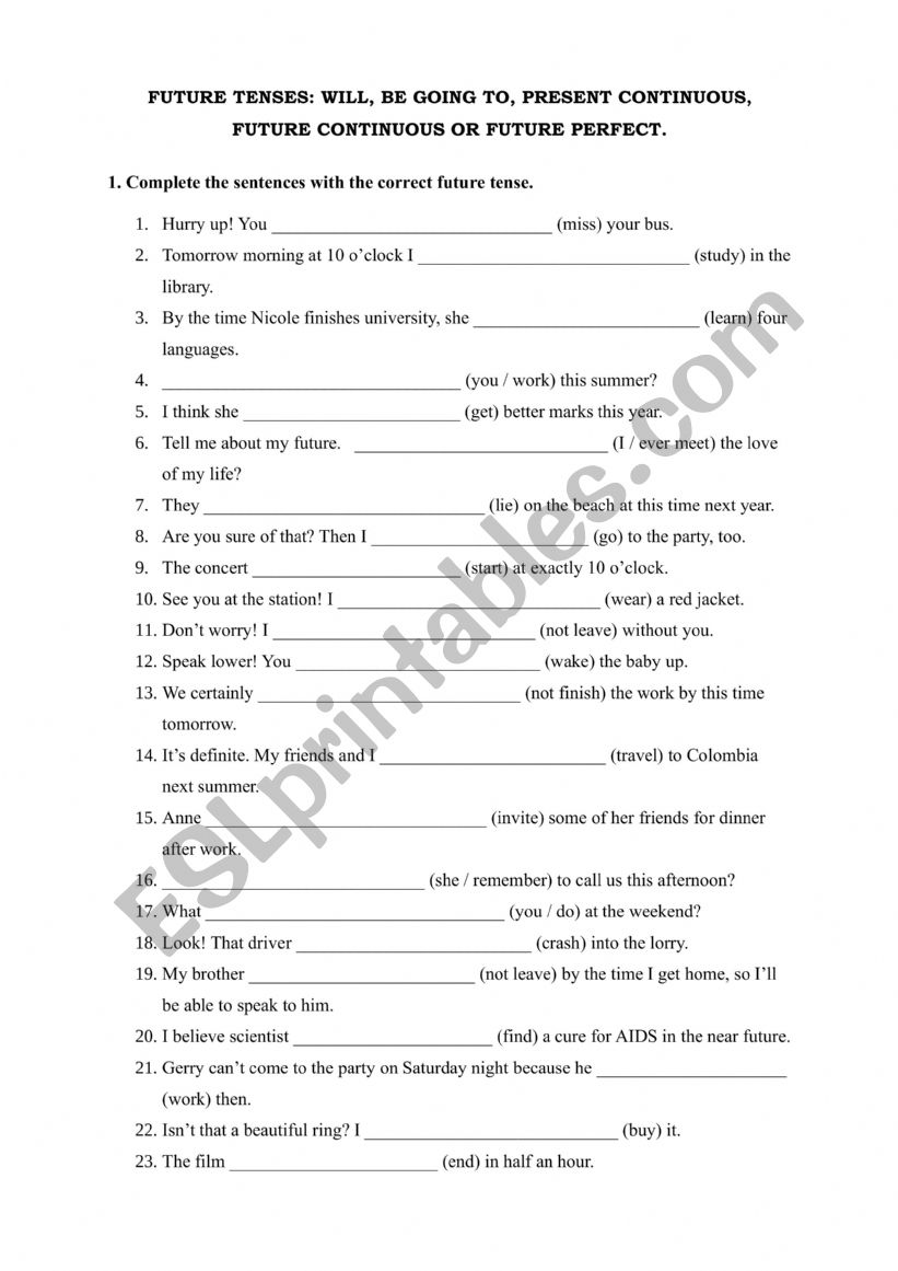 future tenses worksheet