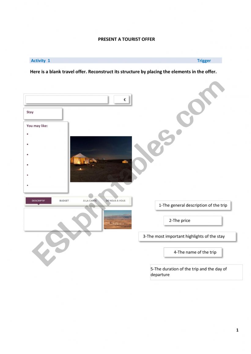 PRESENT A TOURIST OFFER worksheet