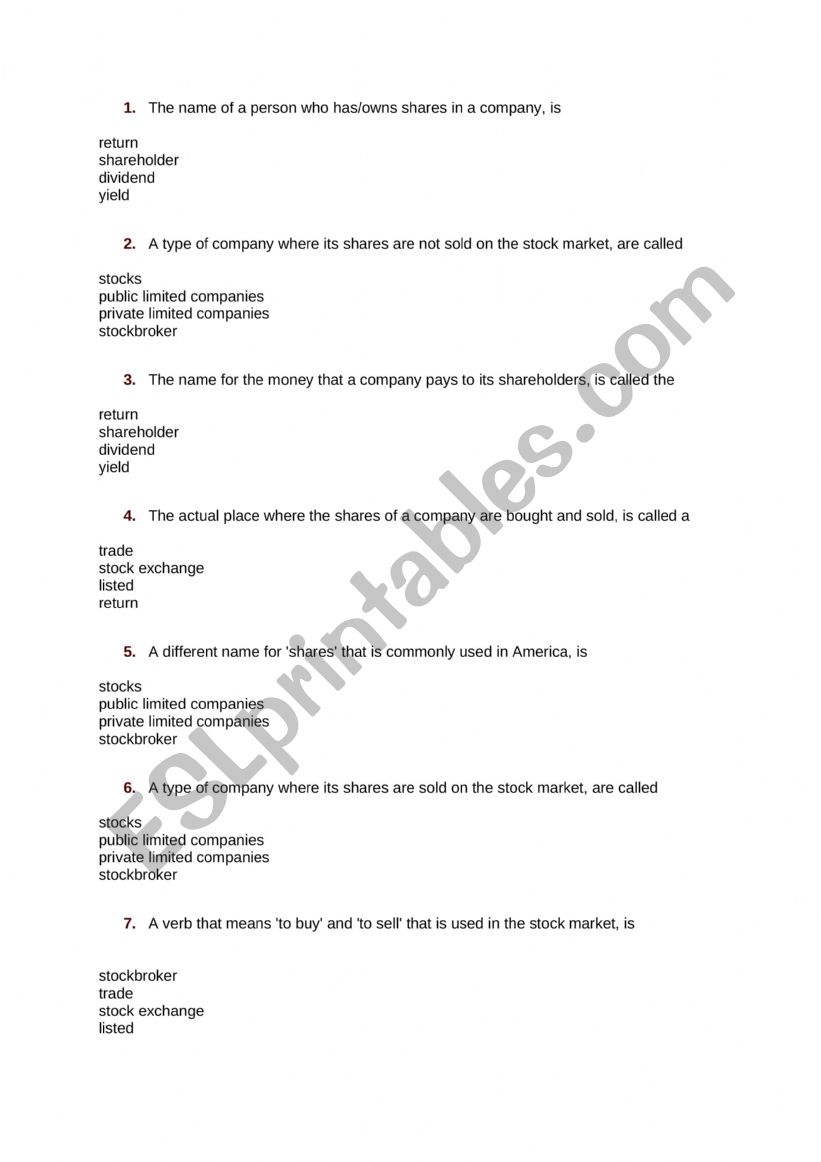 Stock Market Vocabulary worksheet