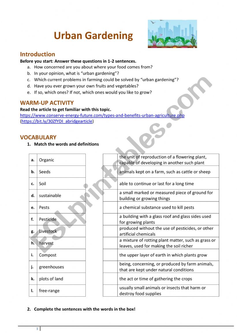 Urbun gardening worksheet