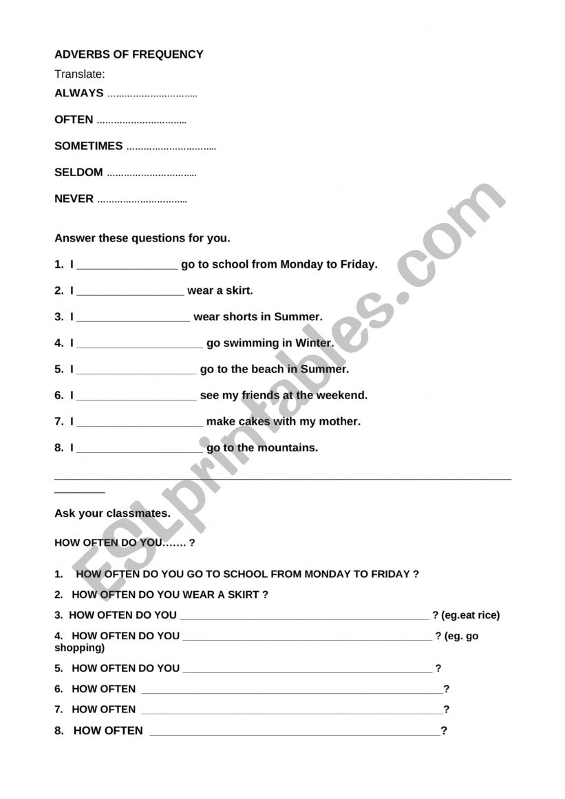 Adverbs of Frequency worksheet