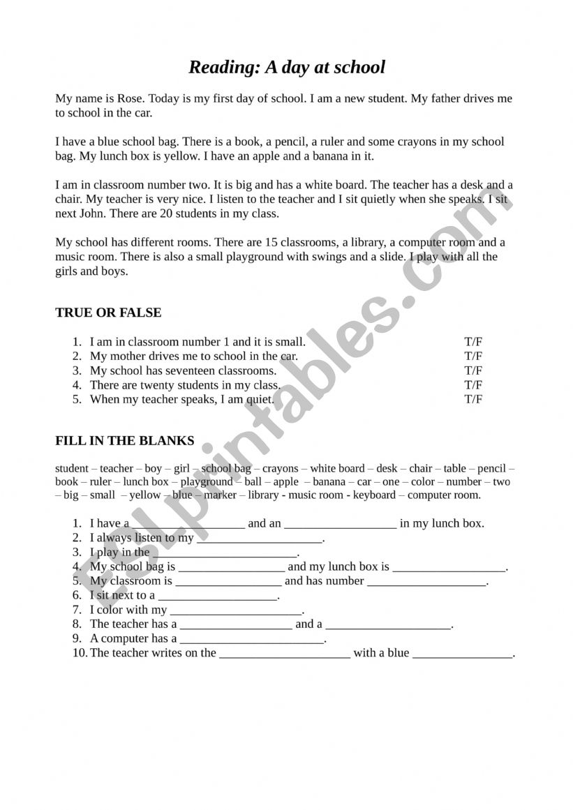 A day at school worksheet