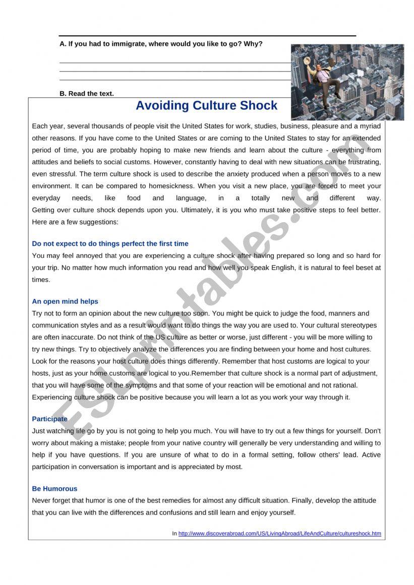 Avoiding culture shock worksheet