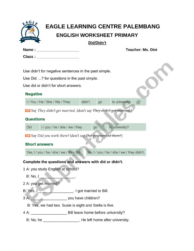 did didn�t worksheet