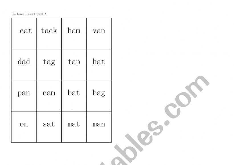 Short vowel A words_Bingo Game_Phonics