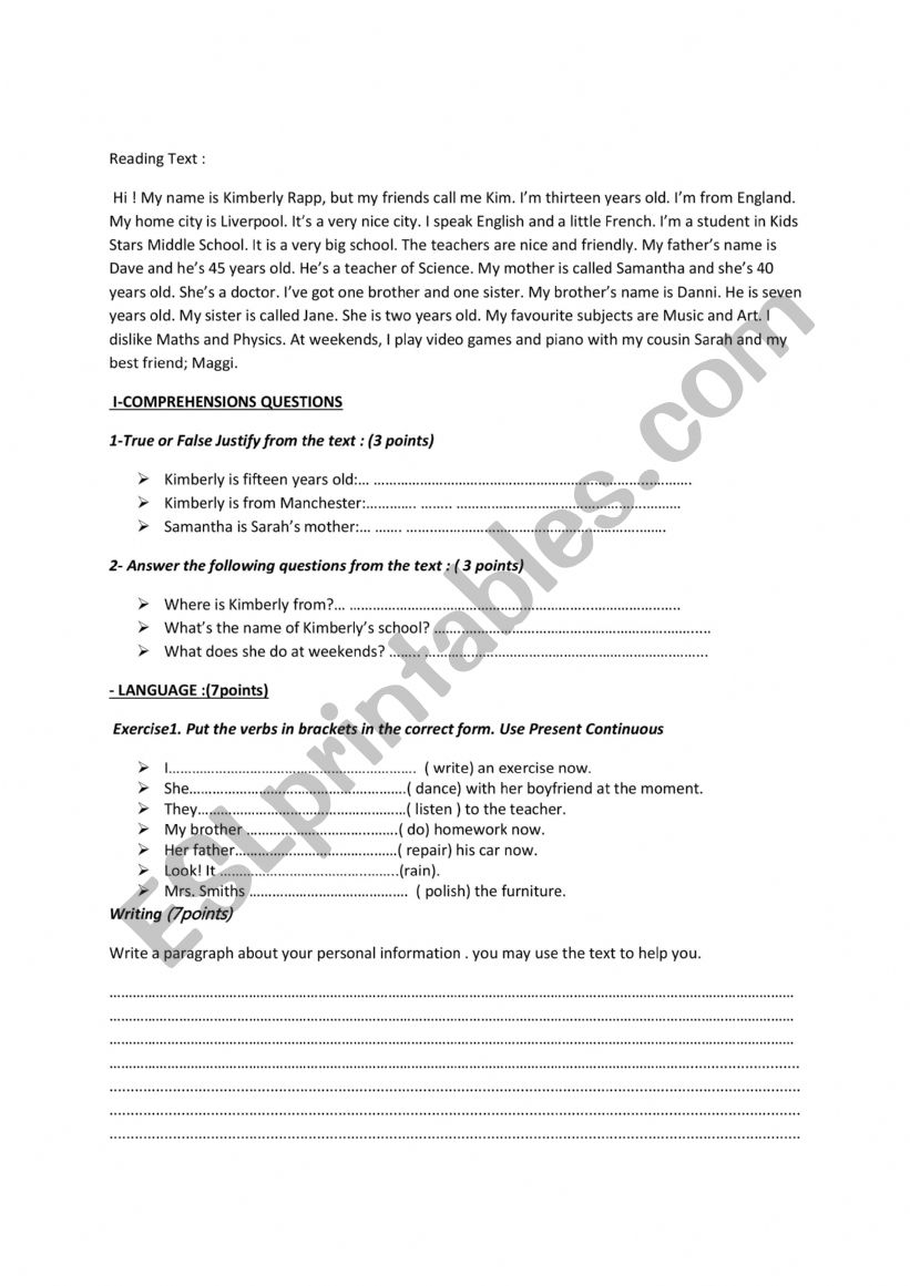 personal information worksheet