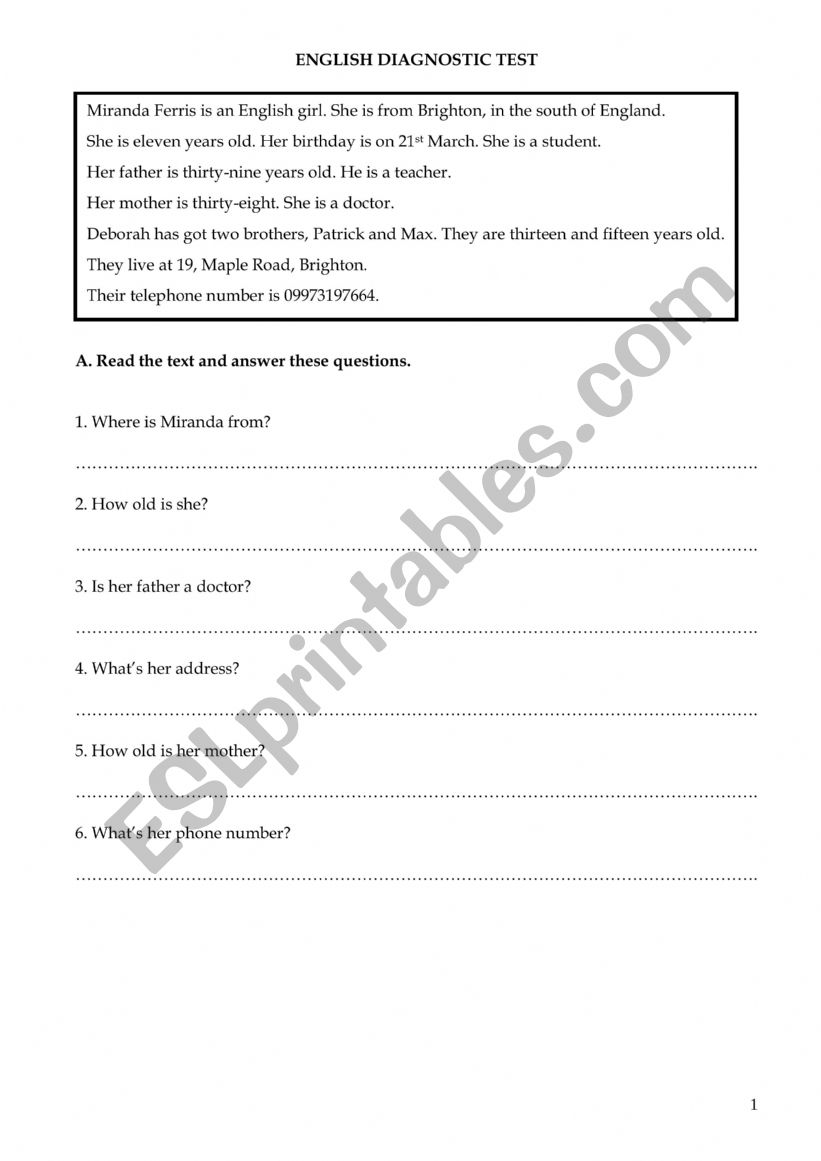 Diagnostic Test worksheet