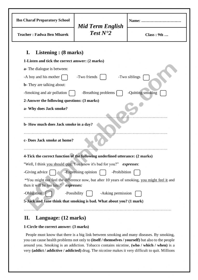 9th form test worksheet