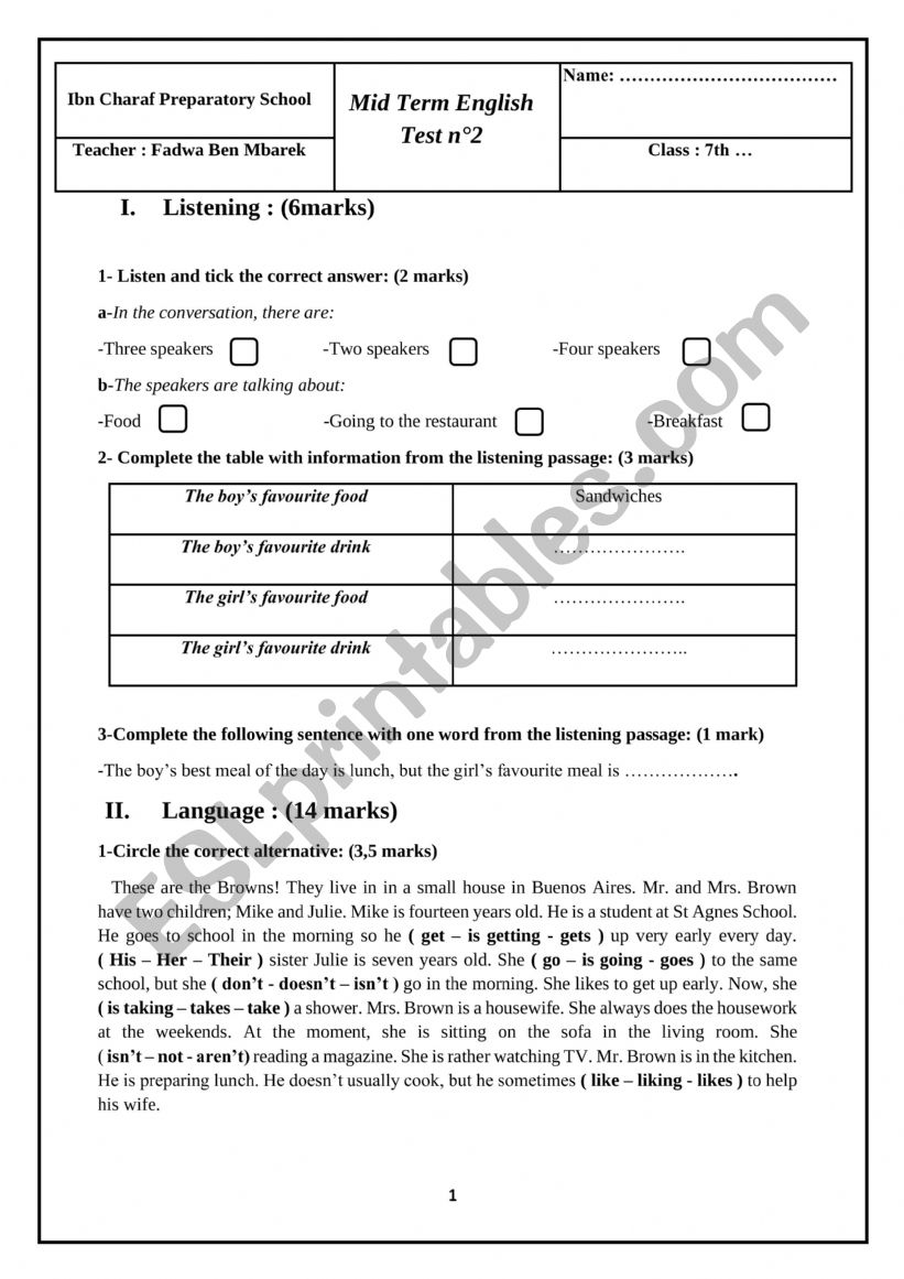 mid term 7th form test worksheet