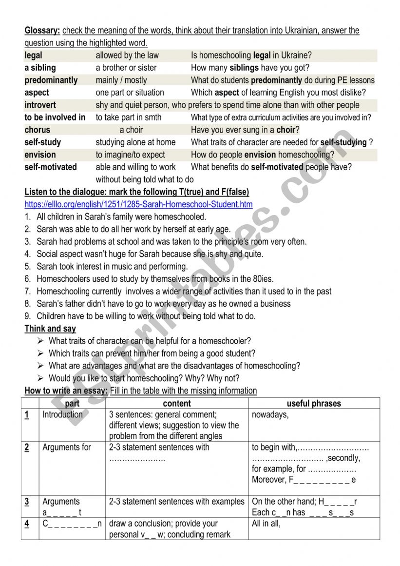 Homeschooling worksheet