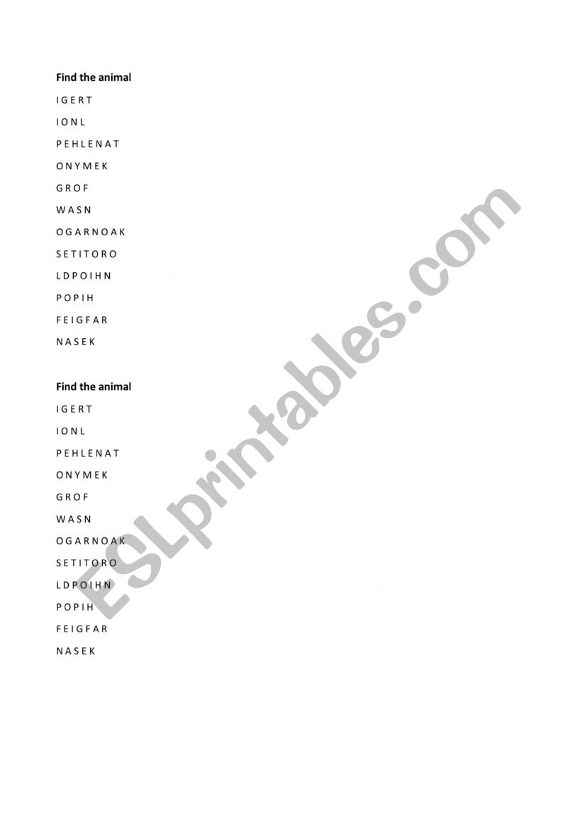 Scrambled letters - animals worksheet