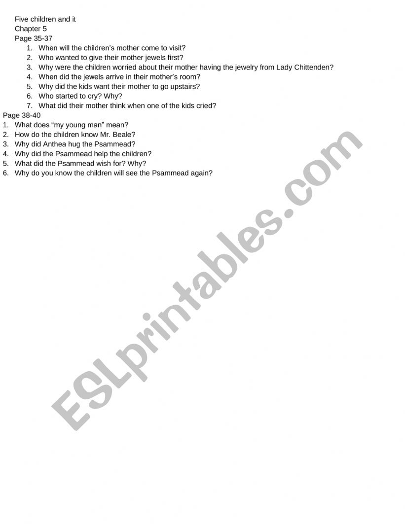 The Five Children and It Chapter 5 gist questions worksheet