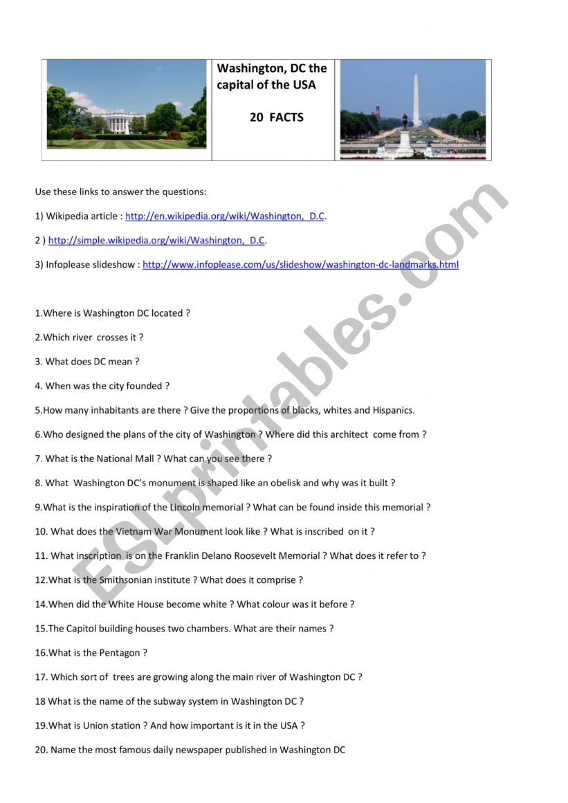 20 questions about Washington Dc, worksheet