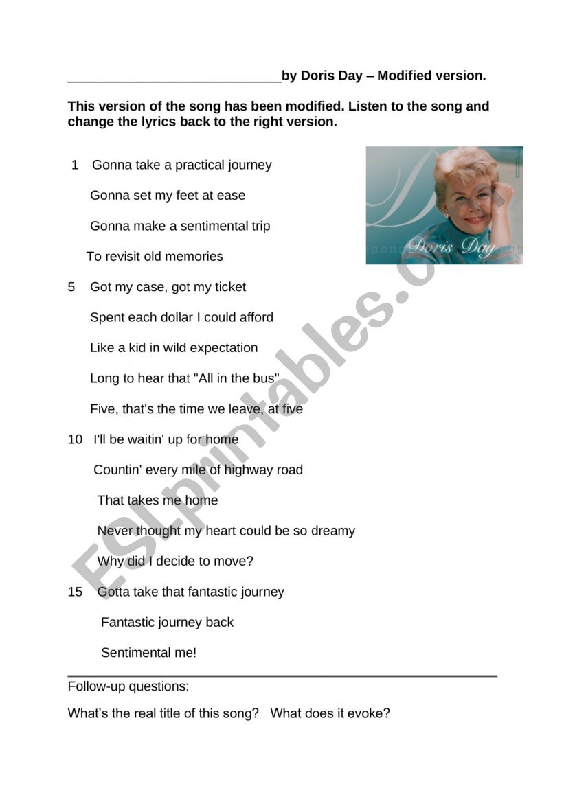 Sentimental Journey by Doris Day (1944)- A song worksheet 