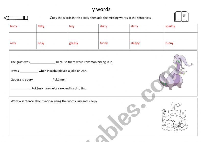 y words Pokemon themed worksheet