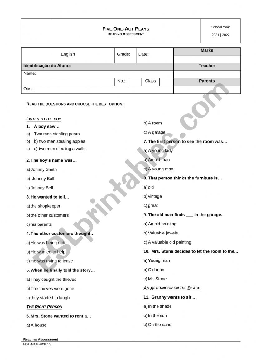 Five One-Act Plays - Reading Assessment