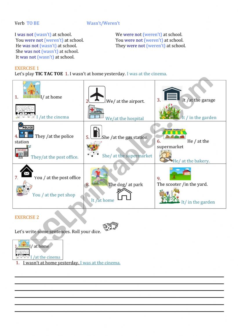 Tic Tac Toe    Wasnt/Werent worksheet