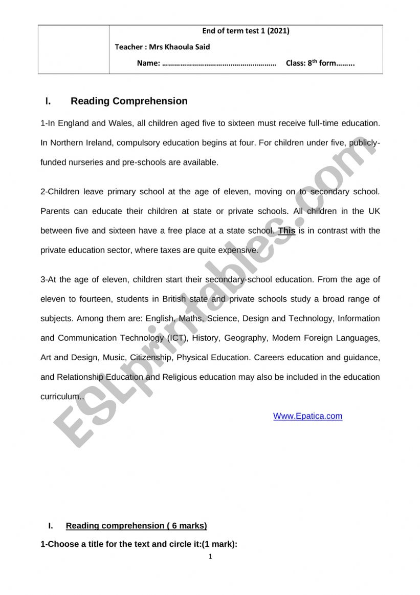 End of term test 1 8th form worksheet