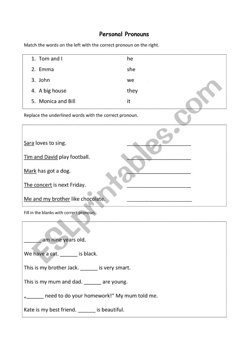 Personal pronouns worksheet