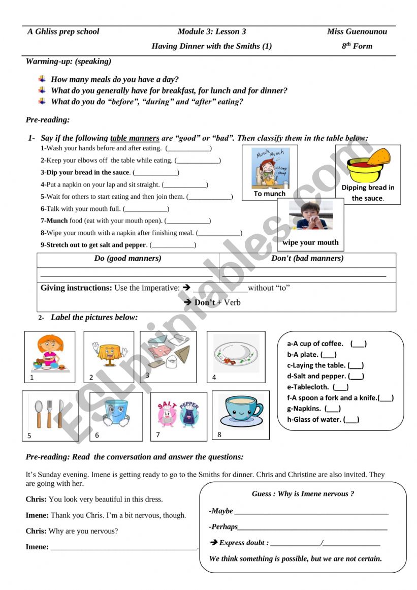 8th form Module 3 Lesson 3: Having dinner with the Smiths (1)