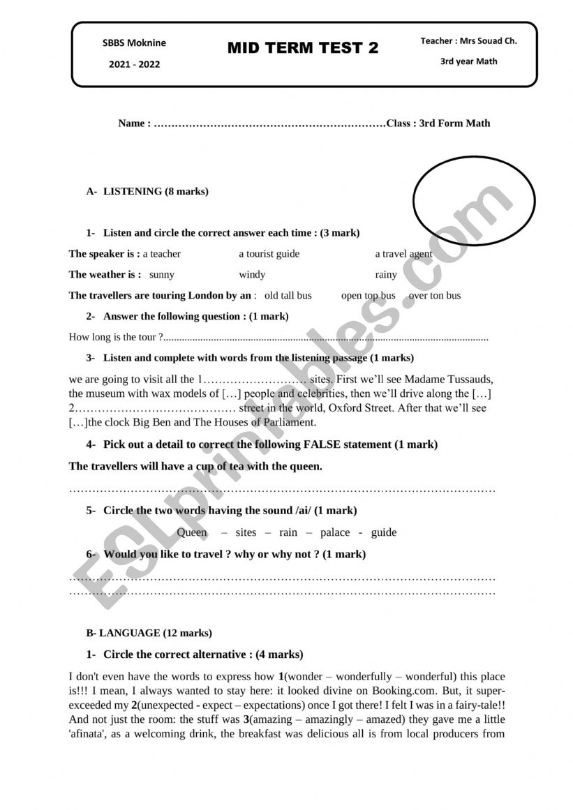 MID TERM 2 TEST 3RD FORM worksheet