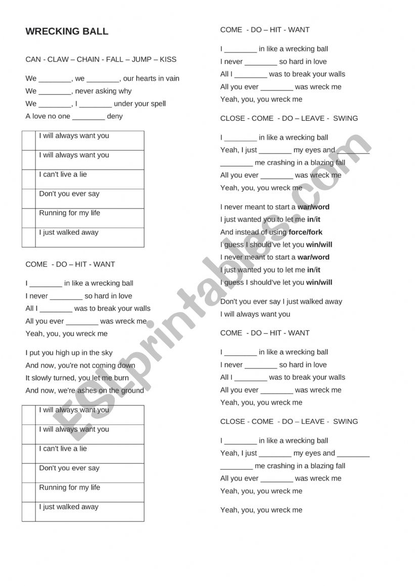 Wrecking Ball worksheet