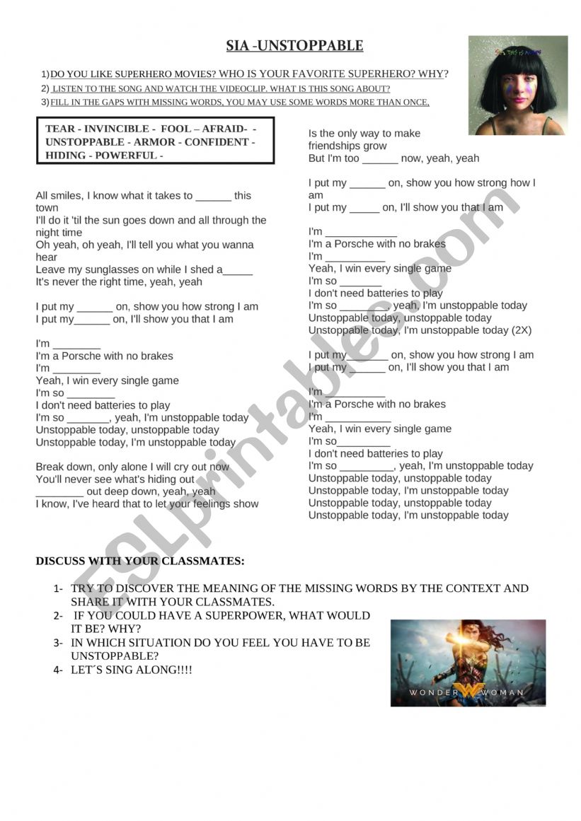 song unstoppable worksheet