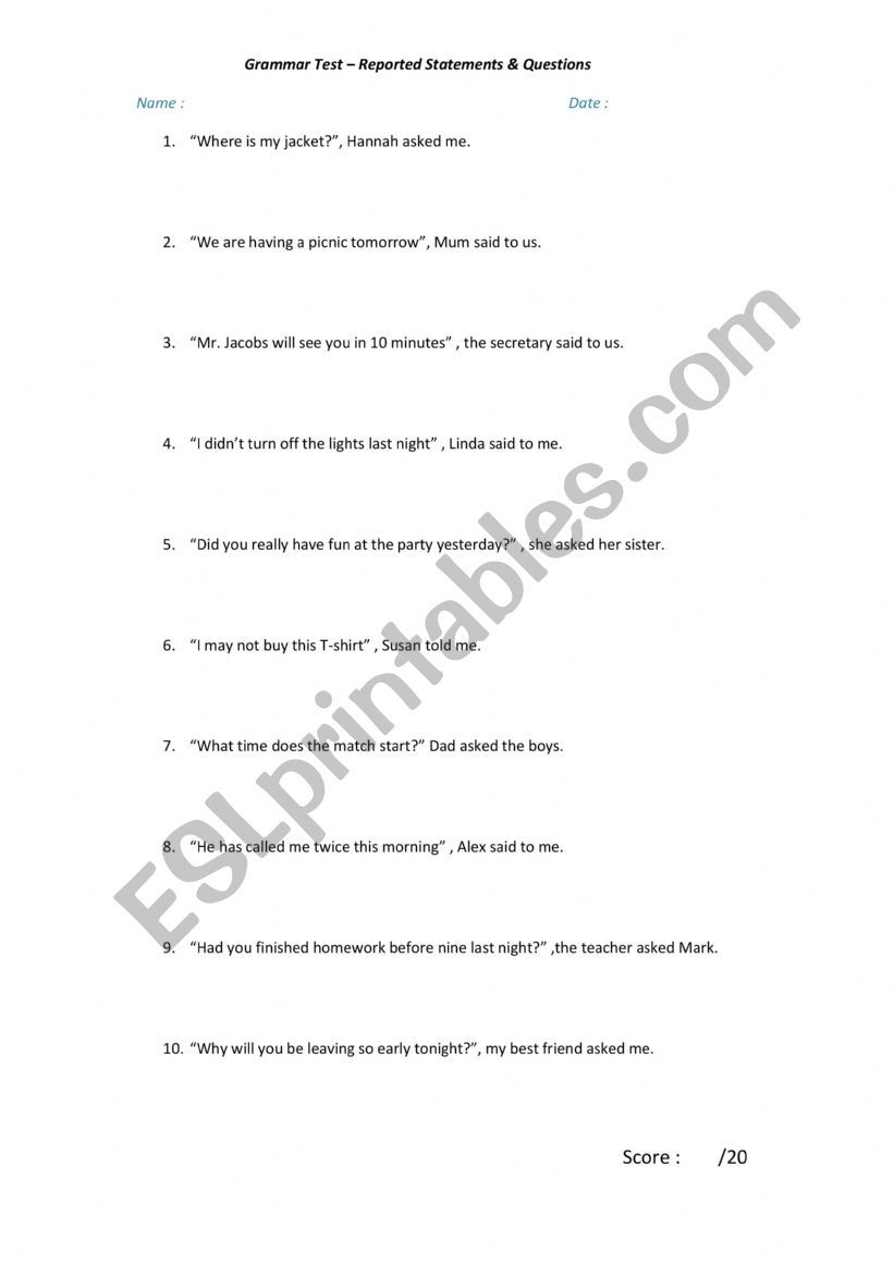 Reported speech worksheet