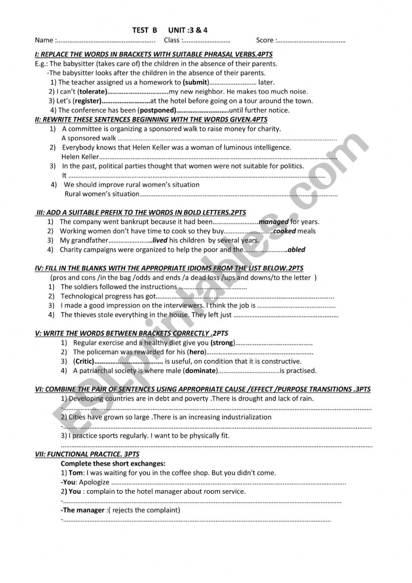  2ND YEAR BAC TEST worksheet