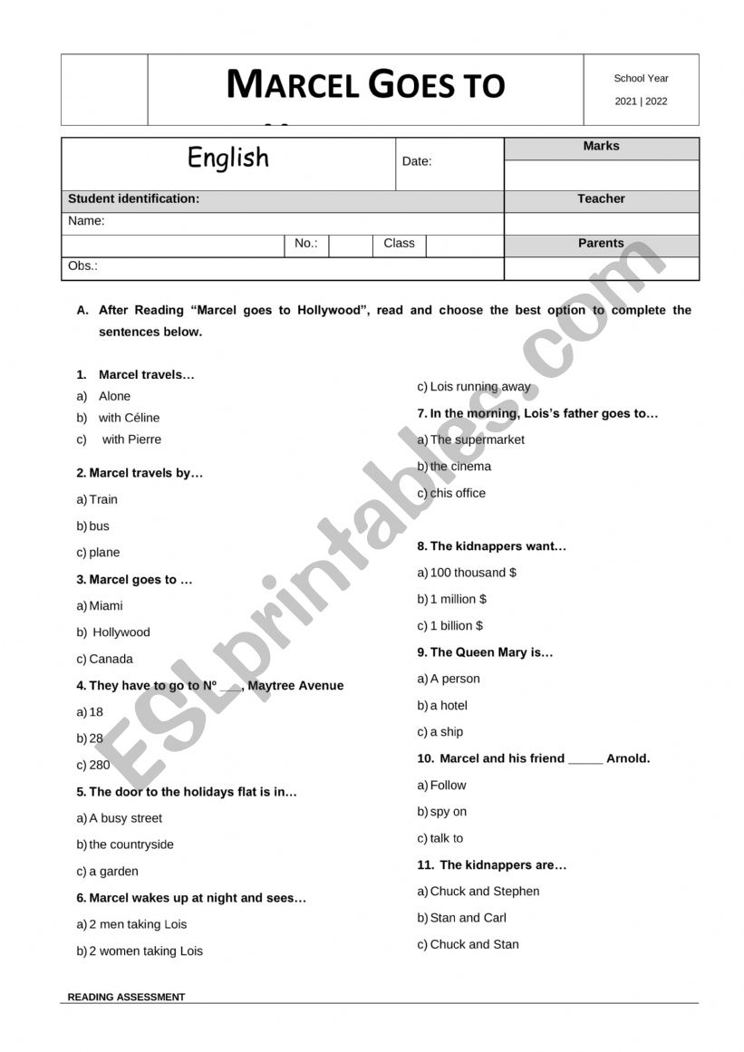 Reading assessment: Marcel Goes to Hollywood
