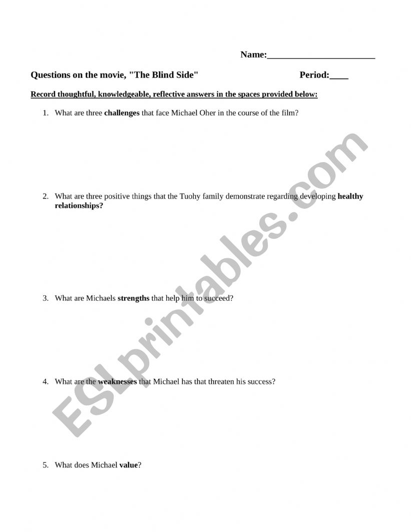 The Blindside Assignment worksheet