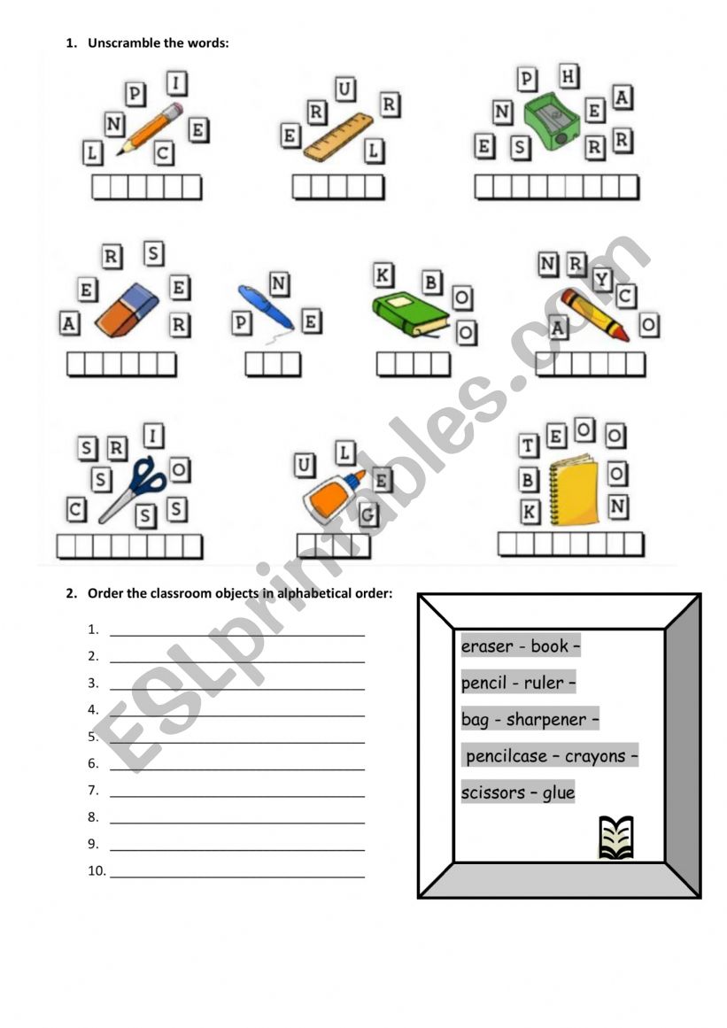 School objects worksheet